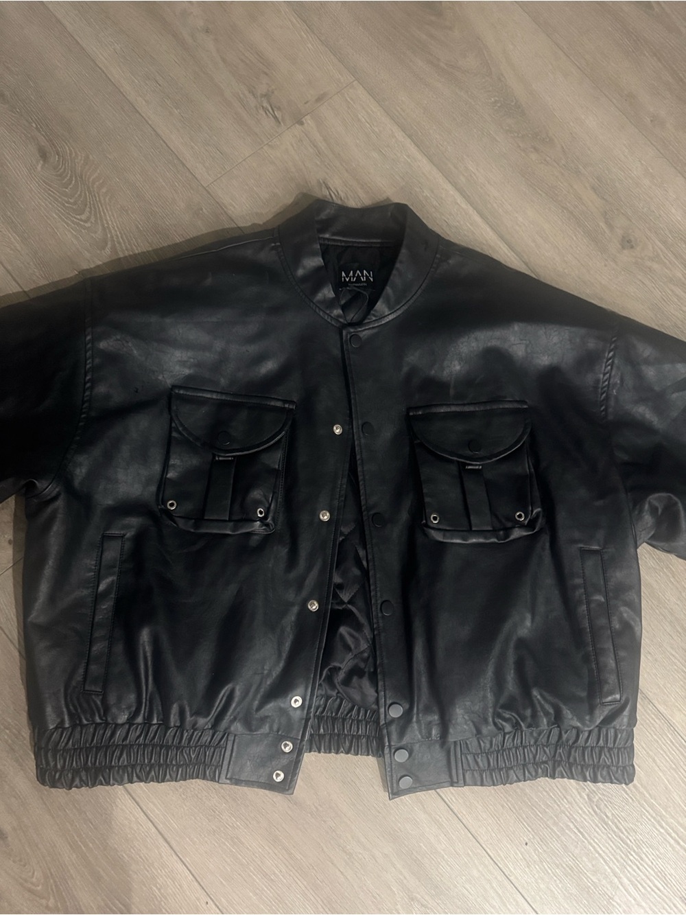 Boohoman Leather bomber Jacket with Front Pockets